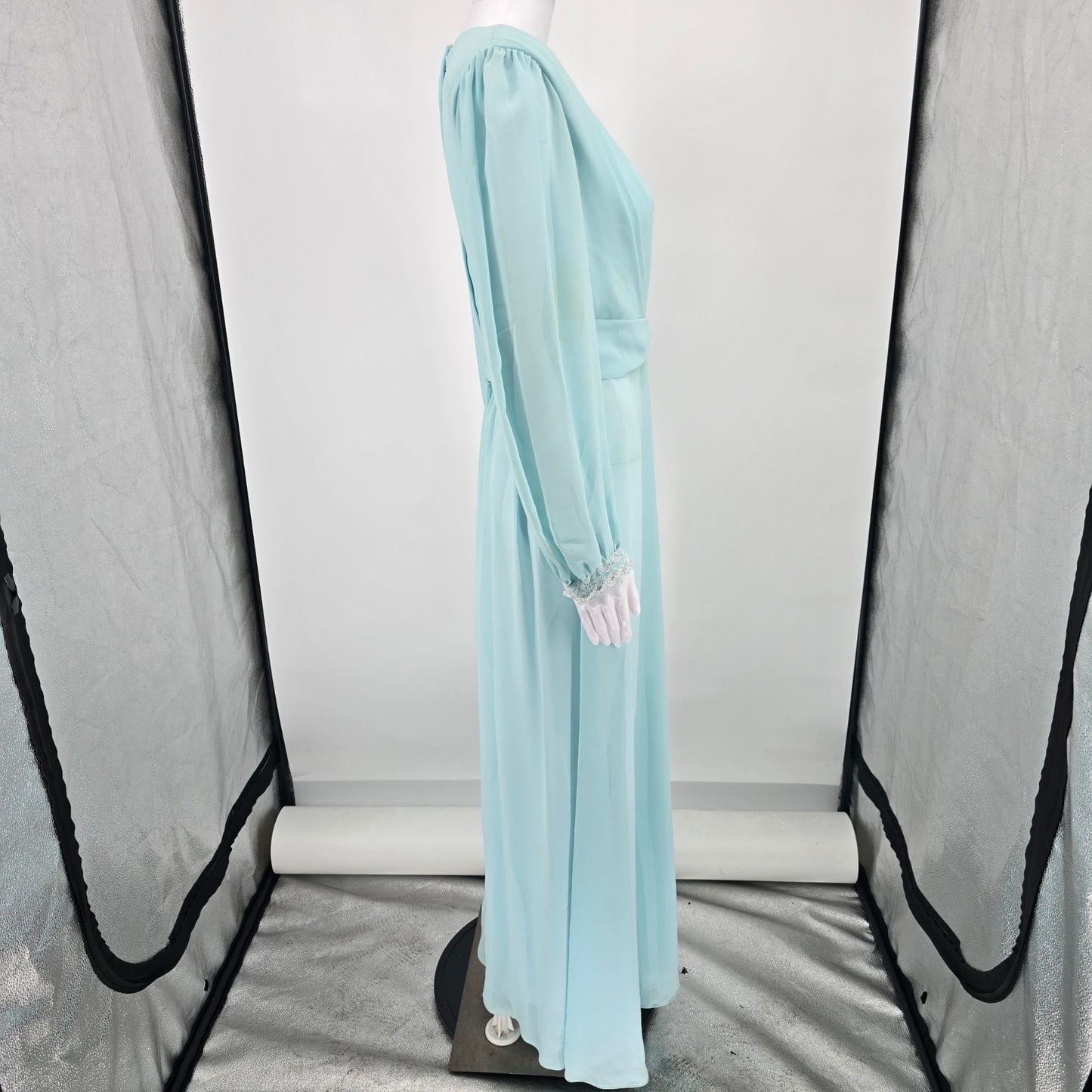 Vintage 1970s Powder Blue Chiffon Beaded Bodice Formal Maxi Dress/Gown (M)