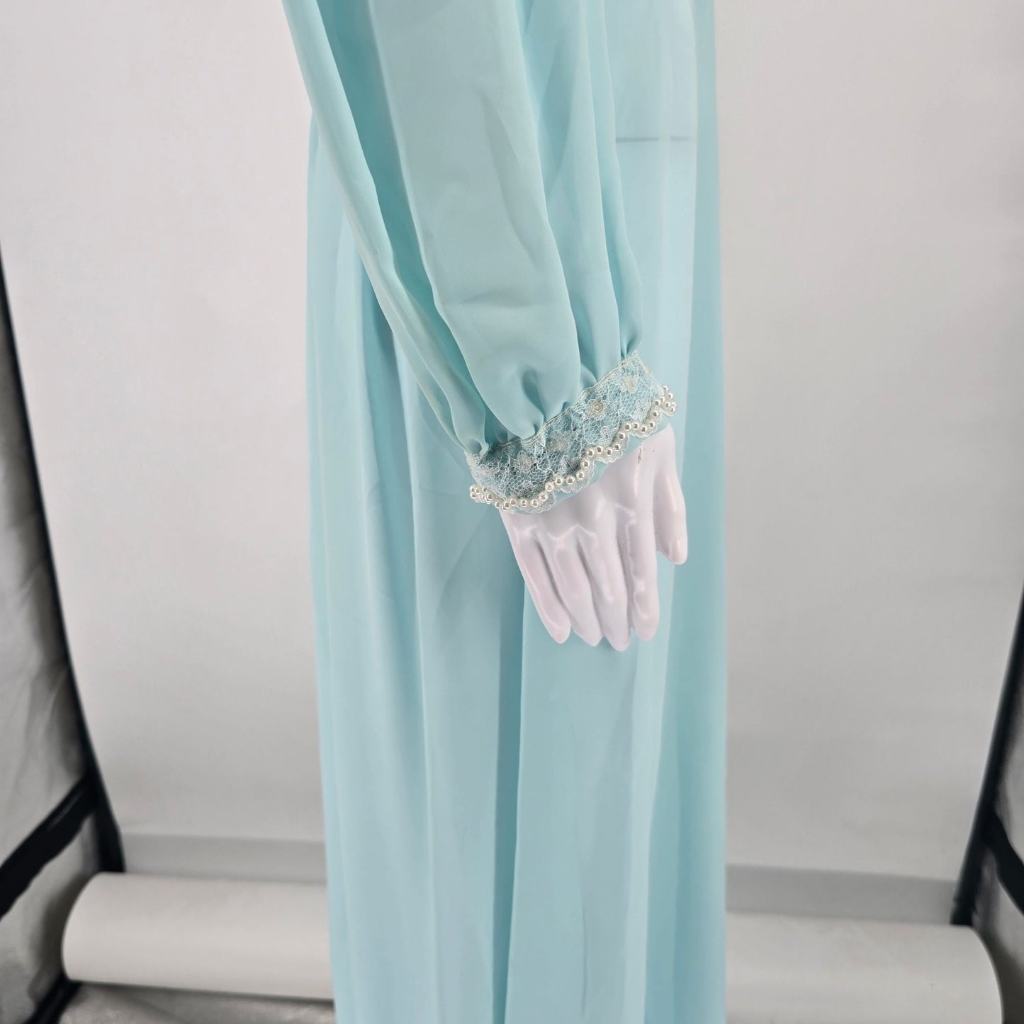 Vintage 1970s Powder Blue Chiffon Beaded Bodice Formal Maxi Dress/Gown (M)