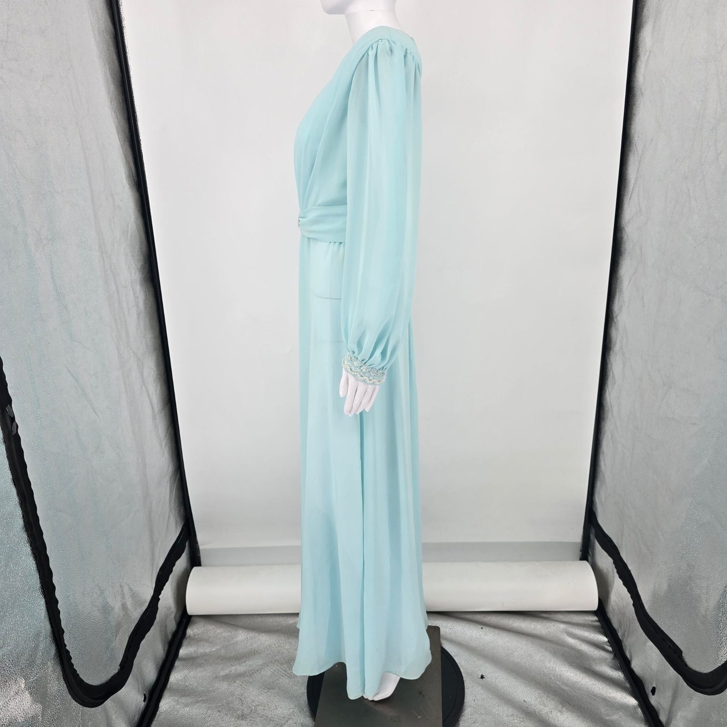 Vintage 1970s Powder Blue Chiffon Beaded Bodice Formal Maxi Dress/Gown (M)