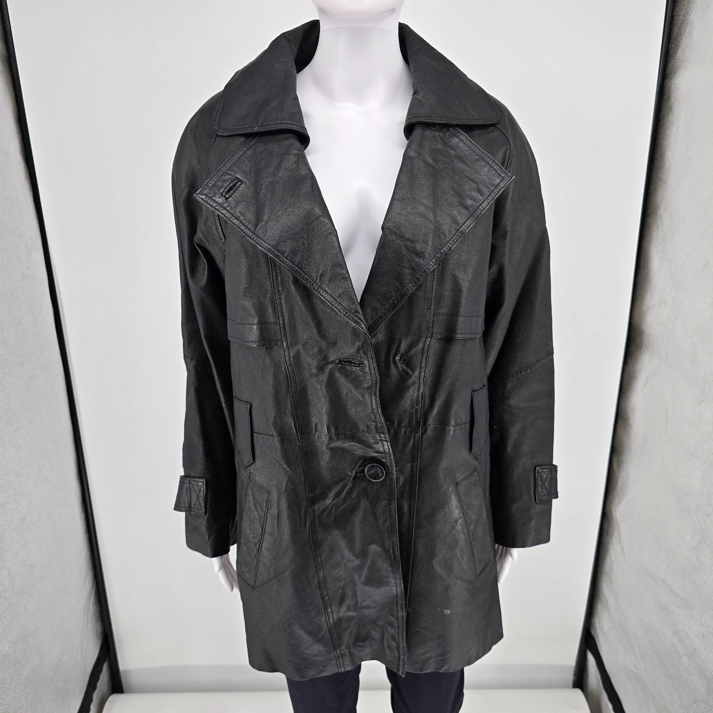 Vintage 1990s Leather Limited Thermolite Lined Black Car Coat (S) *Fair