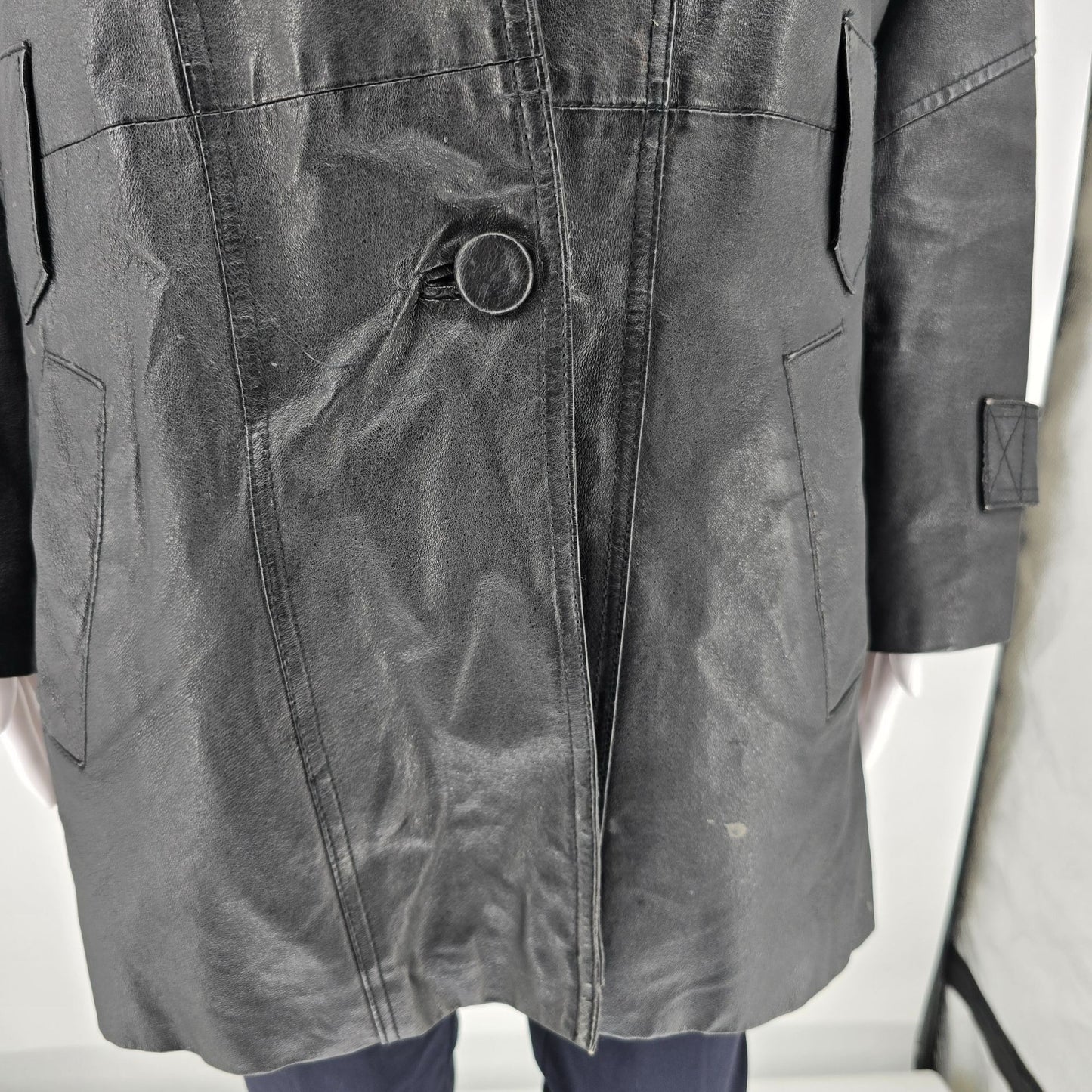 Vintage 1990s Leather Limited Thermolite Lined Black Car Coat (S) *Fair