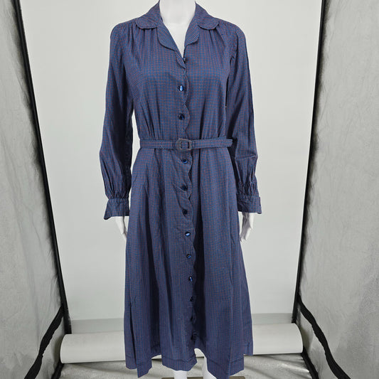 Vintage 1940s Blue/Red Foulard Print Belted Shirtwaist Midi Day Dress (M)