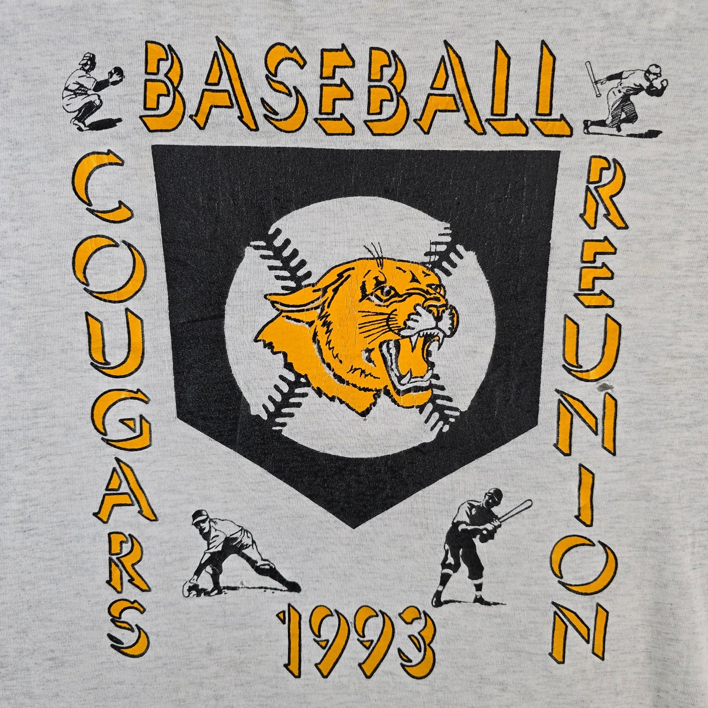 Distressed Vintage 1993 Oneita Power-T Cougars Baseball Reunion T-Shirt (XL)