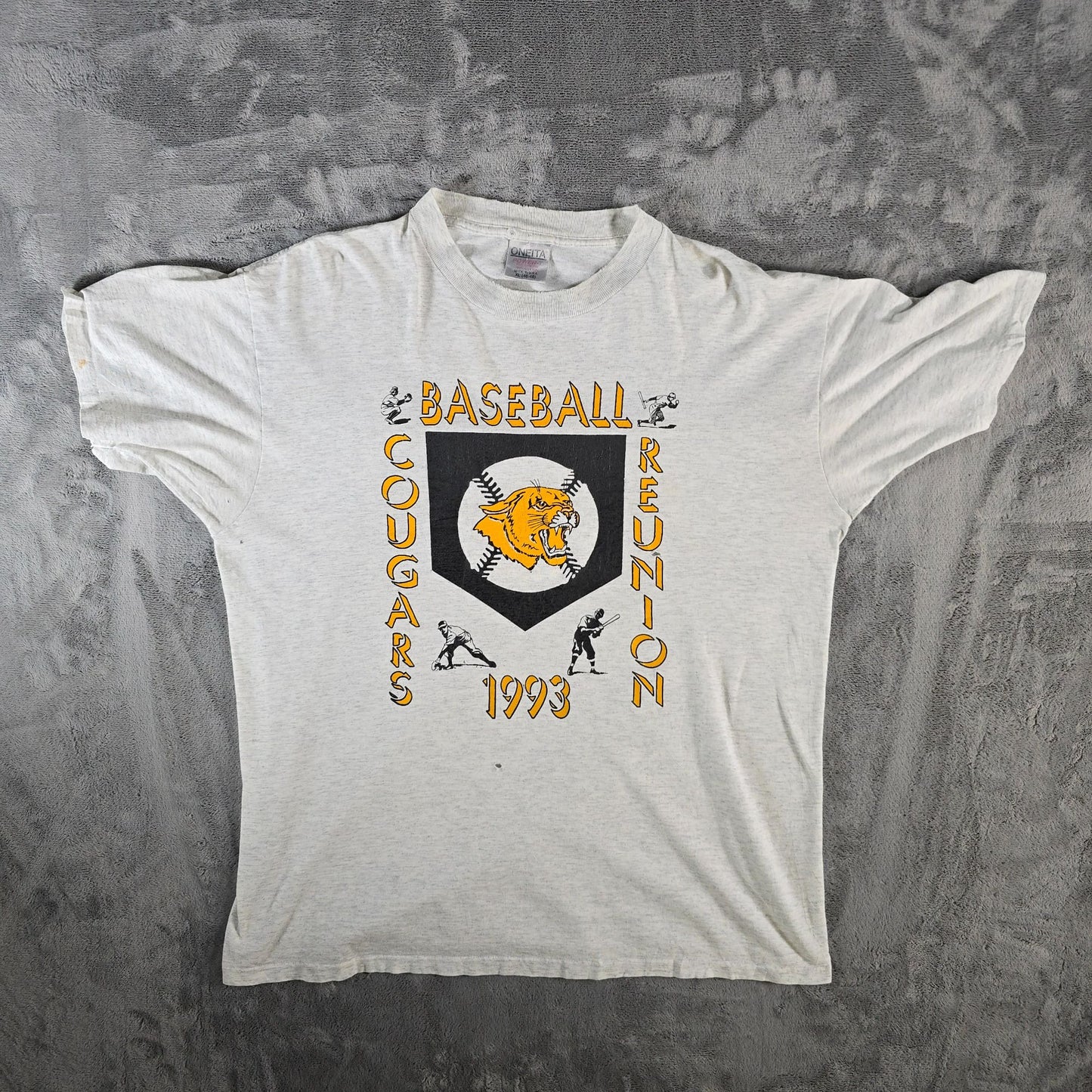 Distressed Vintage 1993 Oneita Power-T Cougars Baseball Reunion T-Shirt (XL)