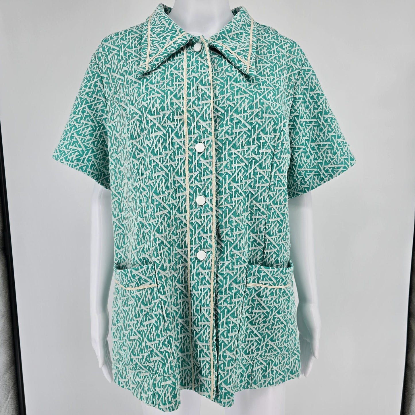 Vintage 1970s Turquoise Abstract Print Snap Front Housecoat Top (XL/XXL)