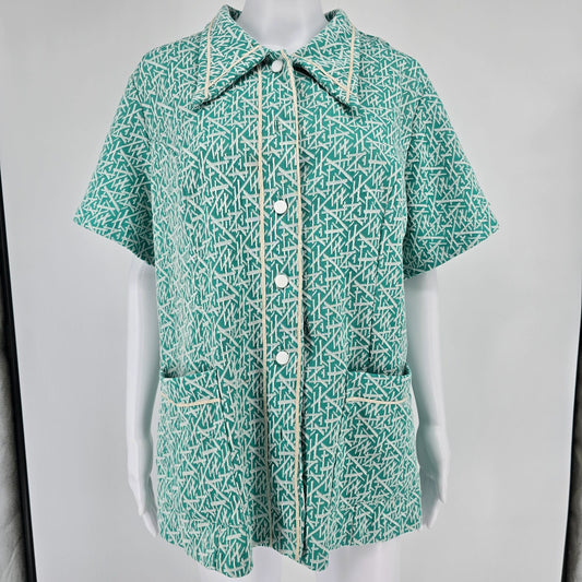 Vintage 1970s Turquoise Abstract Print Snap Front Housecoat Top (XL/XXL)