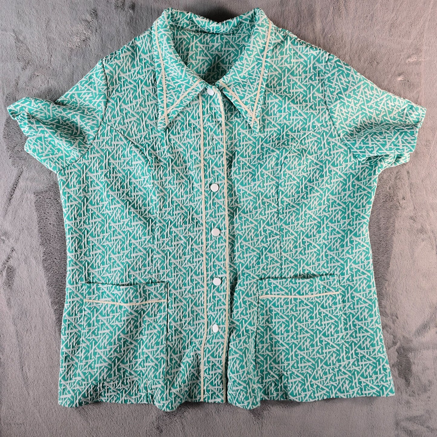 Vintage 1970s Turquoise Abstract Print Snap Front Housecoat Top (XL/XXL)