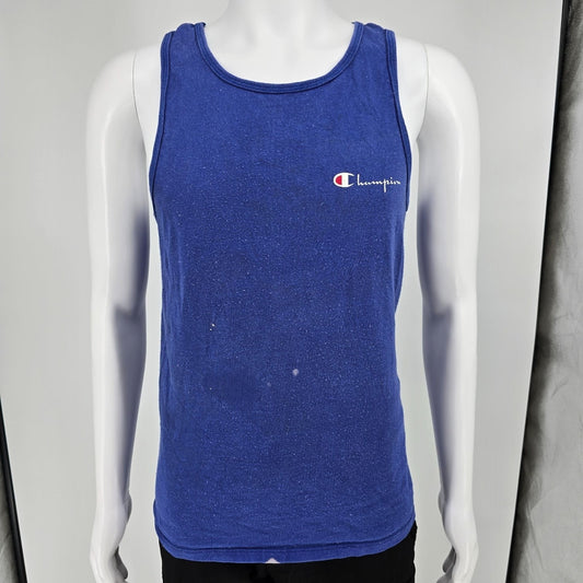 Distressed Vintage 1980s Champion USA Script Logo Blue Athletic Tank Top (S)