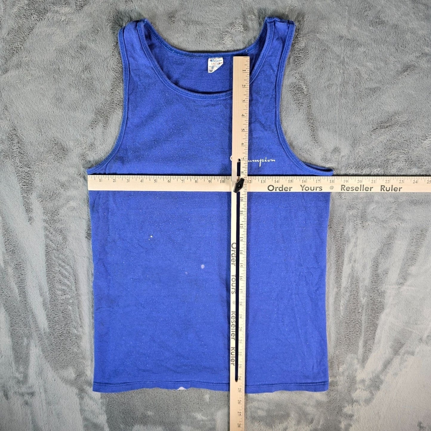 Distressed Vintage 1980s Champion USA Script Logo Blue Athletic Tank Top (S)