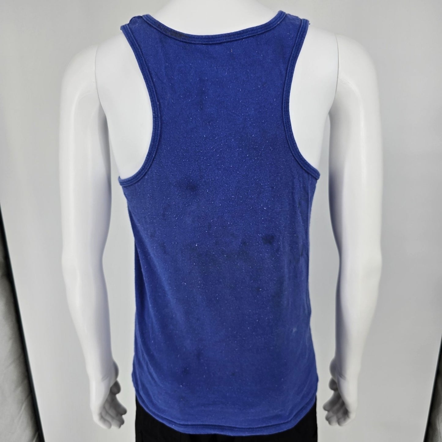 Distressed Vintage 1980s Champion USA Script Logo Blue Athletic Tank Top (S)