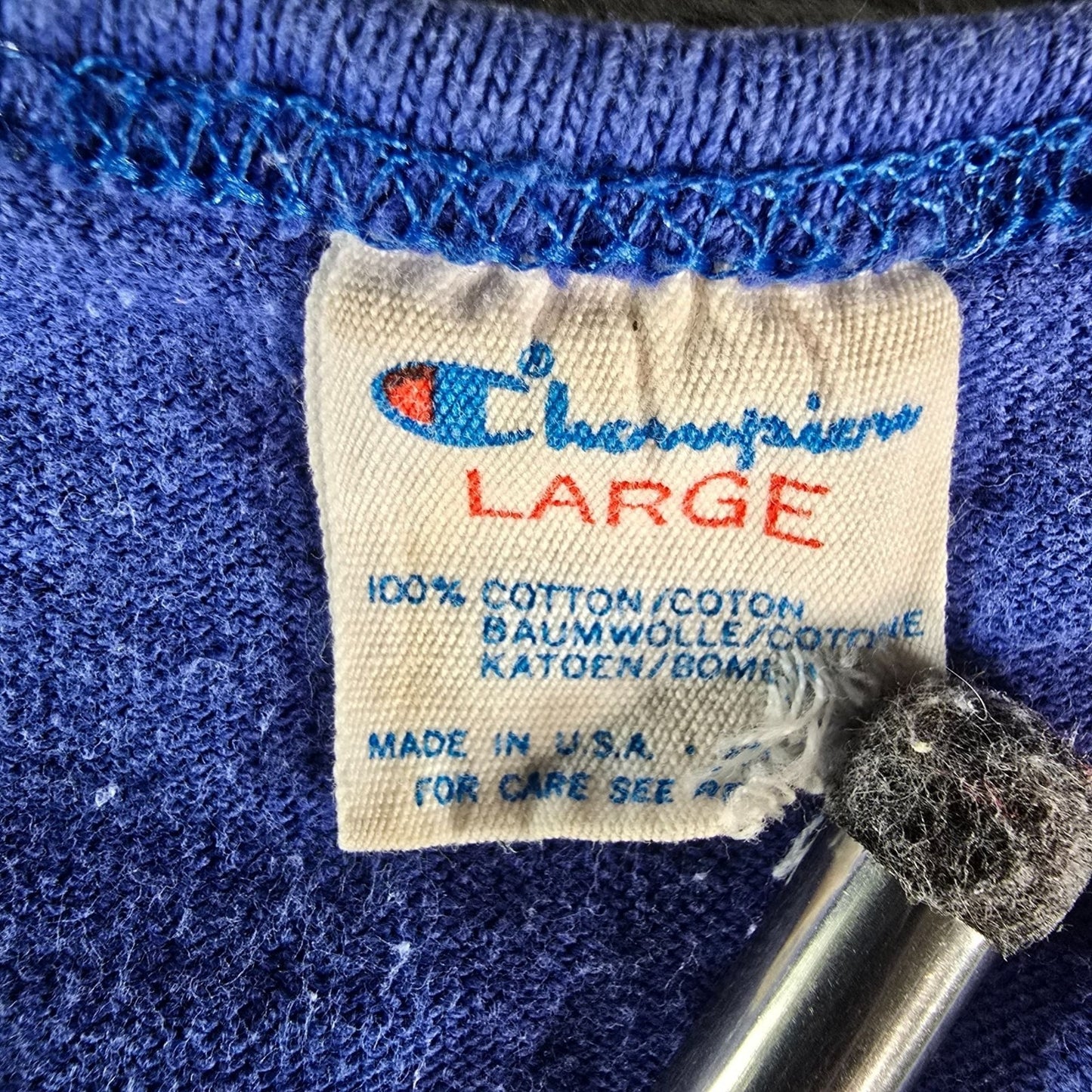Distressed Vintage 1980s Champion USA Script Logo Blue Athletic Tank Top (S)