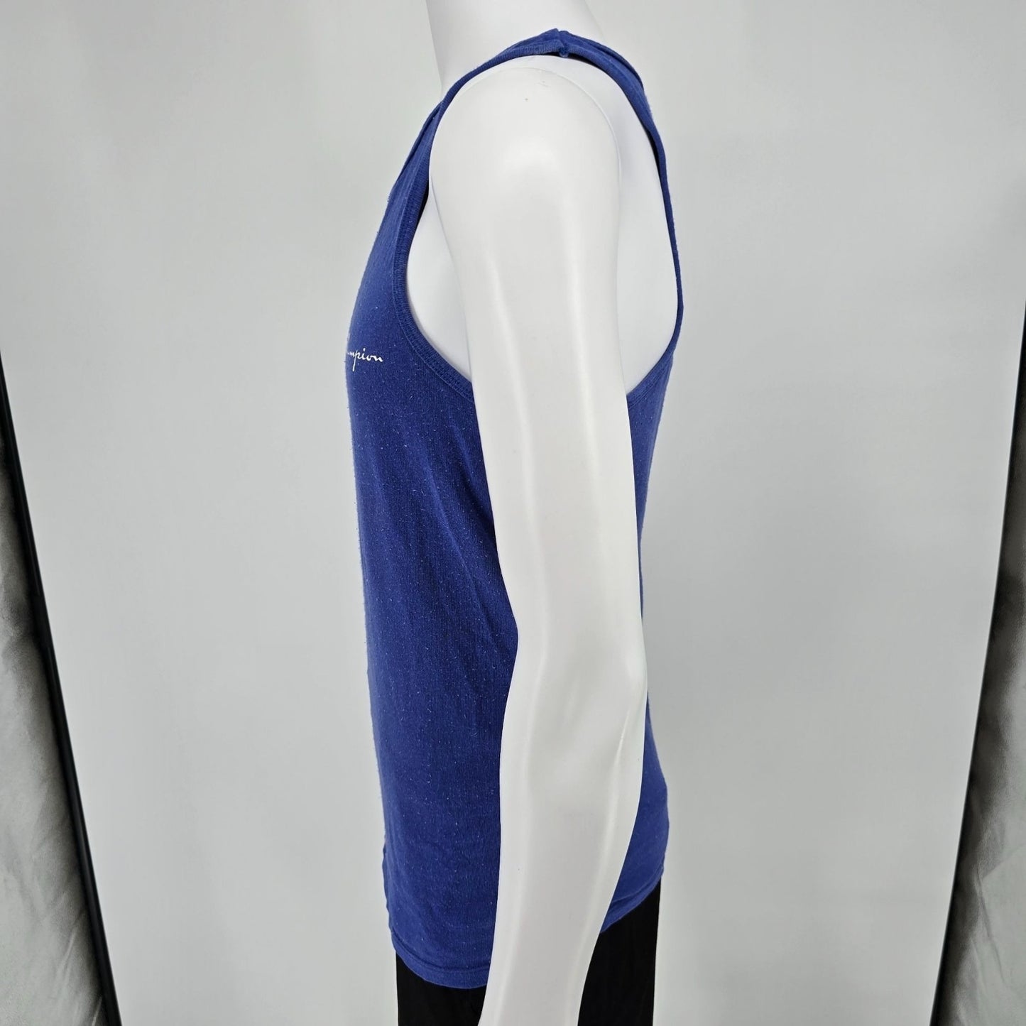 Distressed Vintage 1980s Champion USA Script Logo Blue Athletic Tank Top (S)