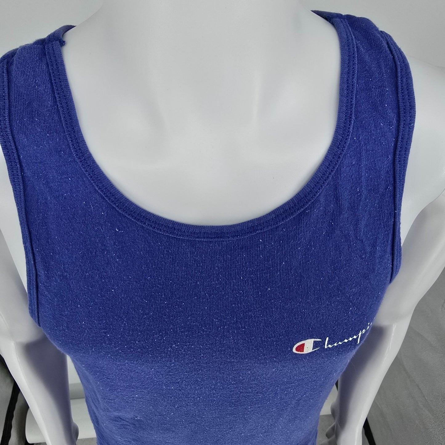 Distressed Vintage 1980s Champion USA Script Logo Blue Athletic Tank Top (S)
