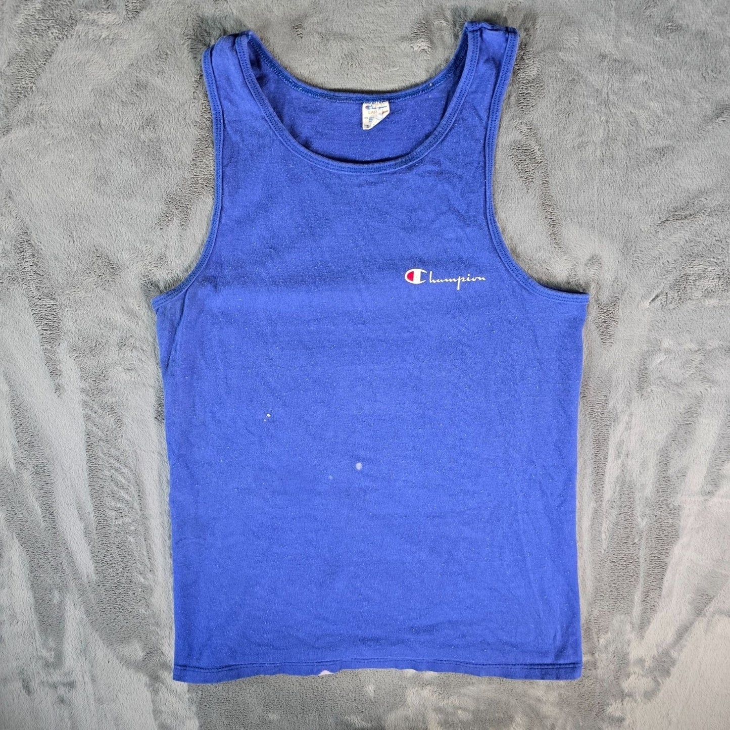 Distressed Vintage 1980s Champion USA Script Logo Blue Athletic Tank Top (S)