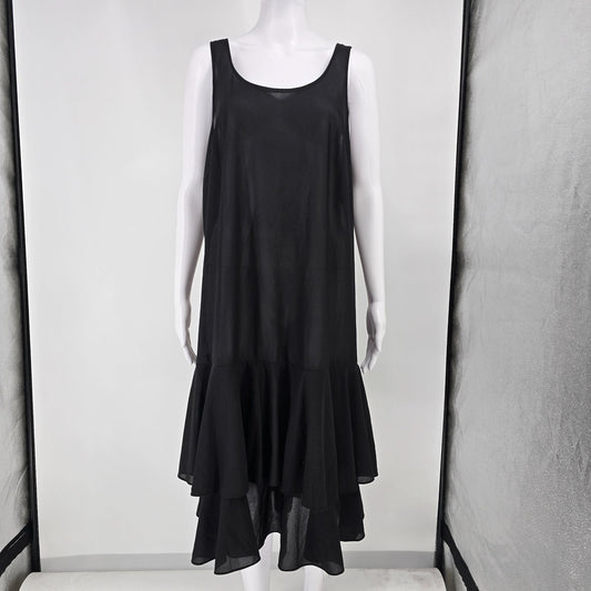 Vintage 1980s Black Flapper Style Drop Waist Ruffle Hem Tank Dress (XL)