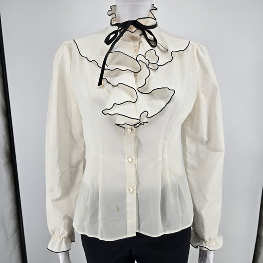 Distressed Vintage 1980s Cream/Black Jabot Collar Secretary Blouse (M/L)