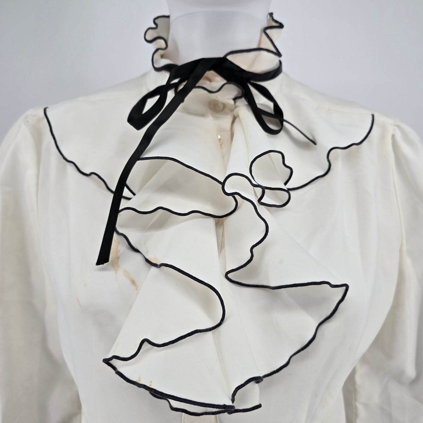 Distressed Vintage 1980s Cream/Black Jabot Collar Secretary Blouse (M/L)