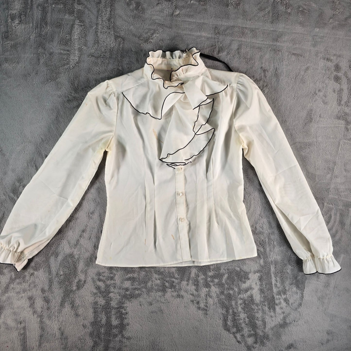 Distressed Vintage 1980s Cream/Black Jabot Collar Secretary Blouse (M/L)