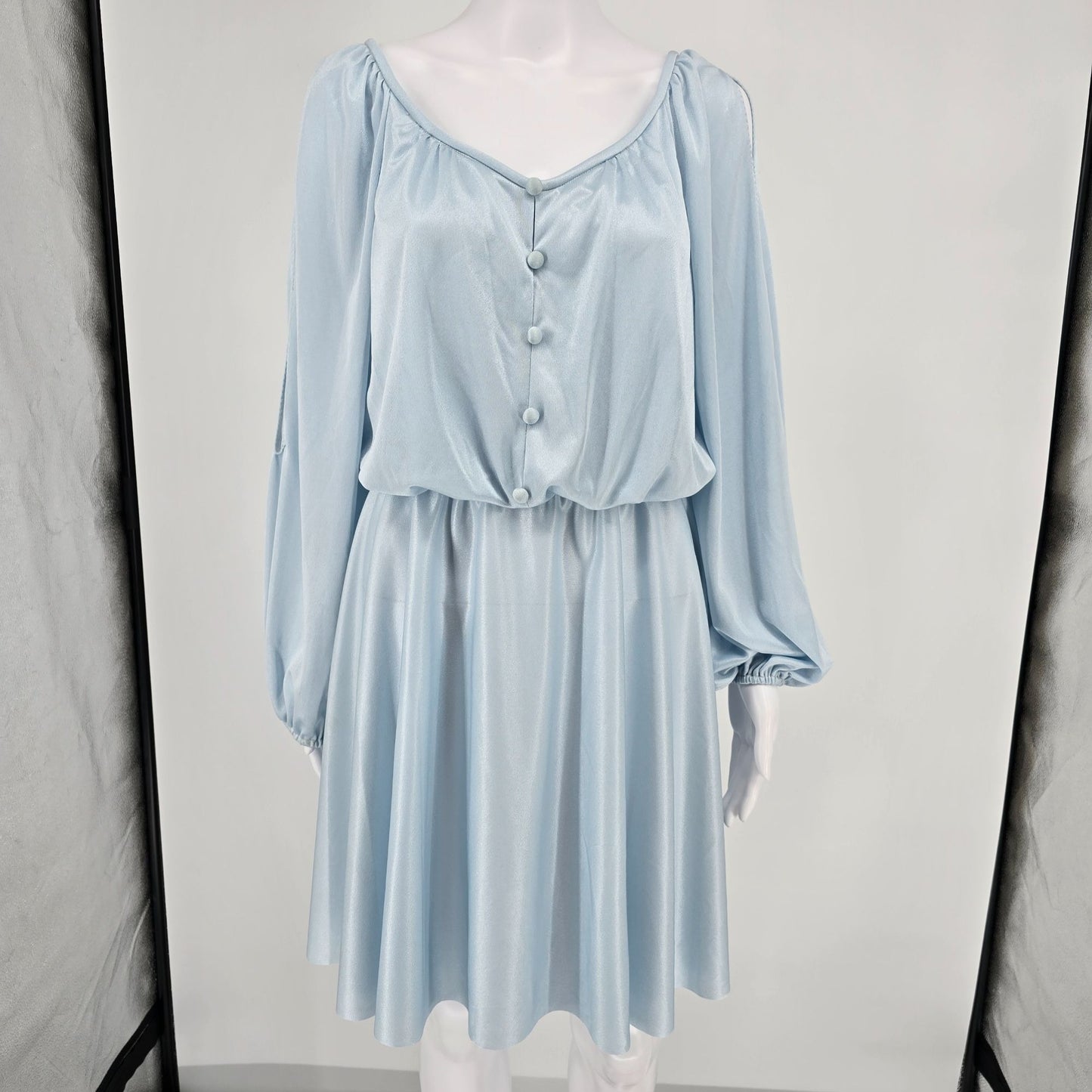Vintage 1970s Baby Blue Long Sleeve Blouson Disco Party Mini Dress (S/M)