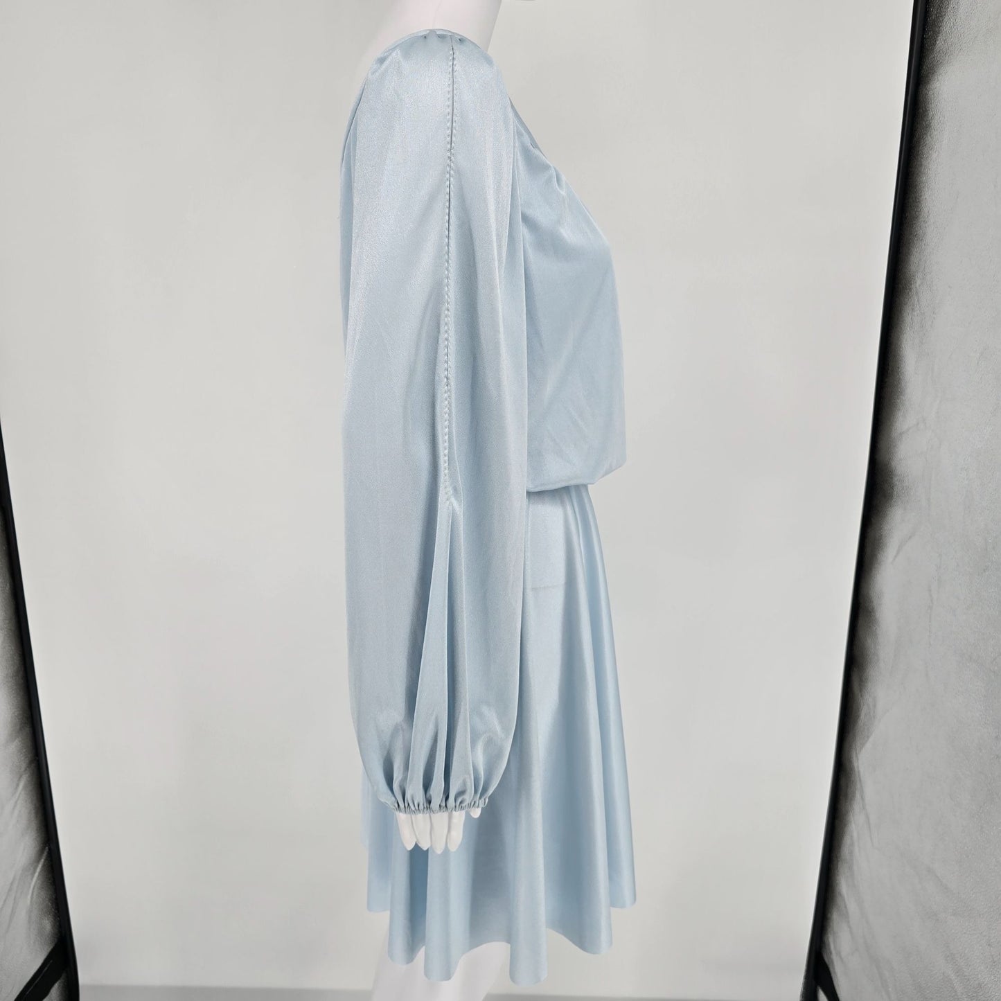 Vintage 1970s Baby Blue Long Sleeve Blouson Disco Party Mini Dress (S/M)