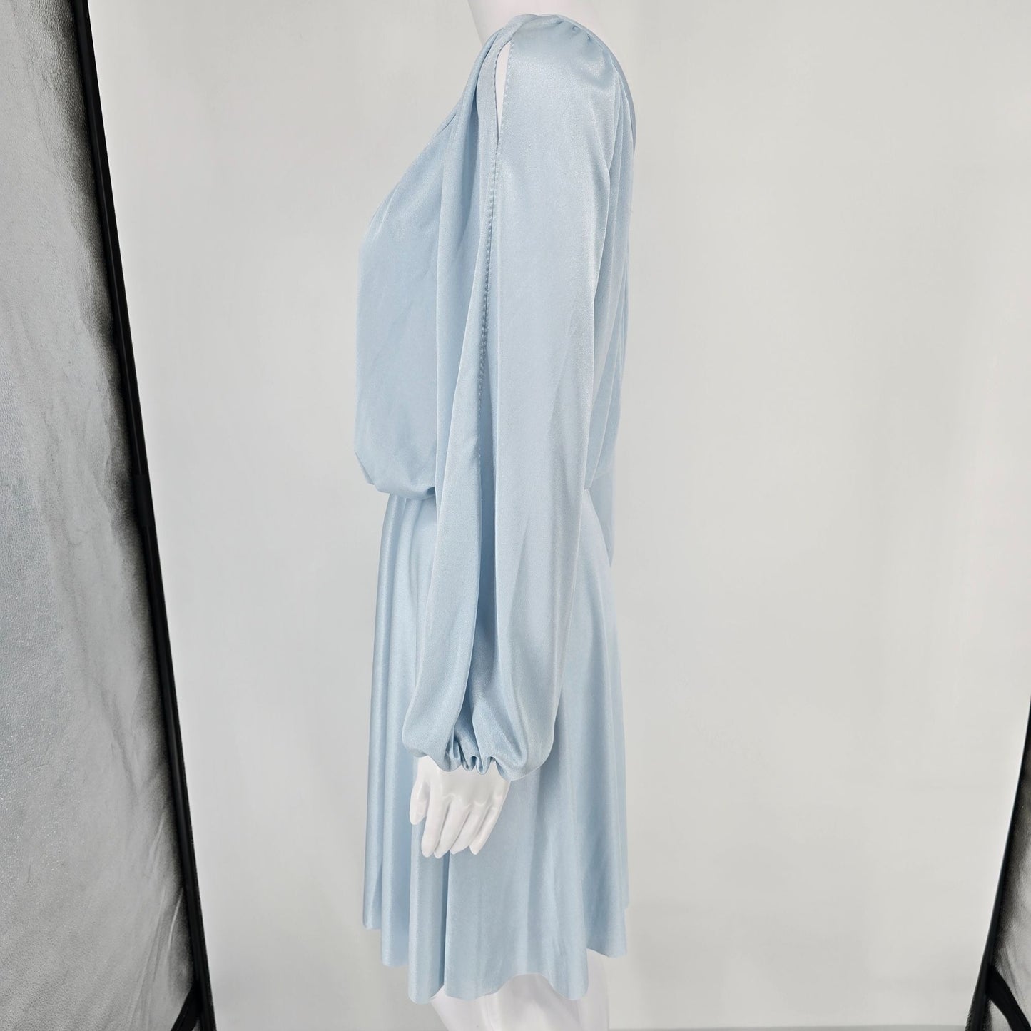 Vintage 1970s Baby Blue Long Sleeve Blouson Disco Party Mini Dress (S/M)