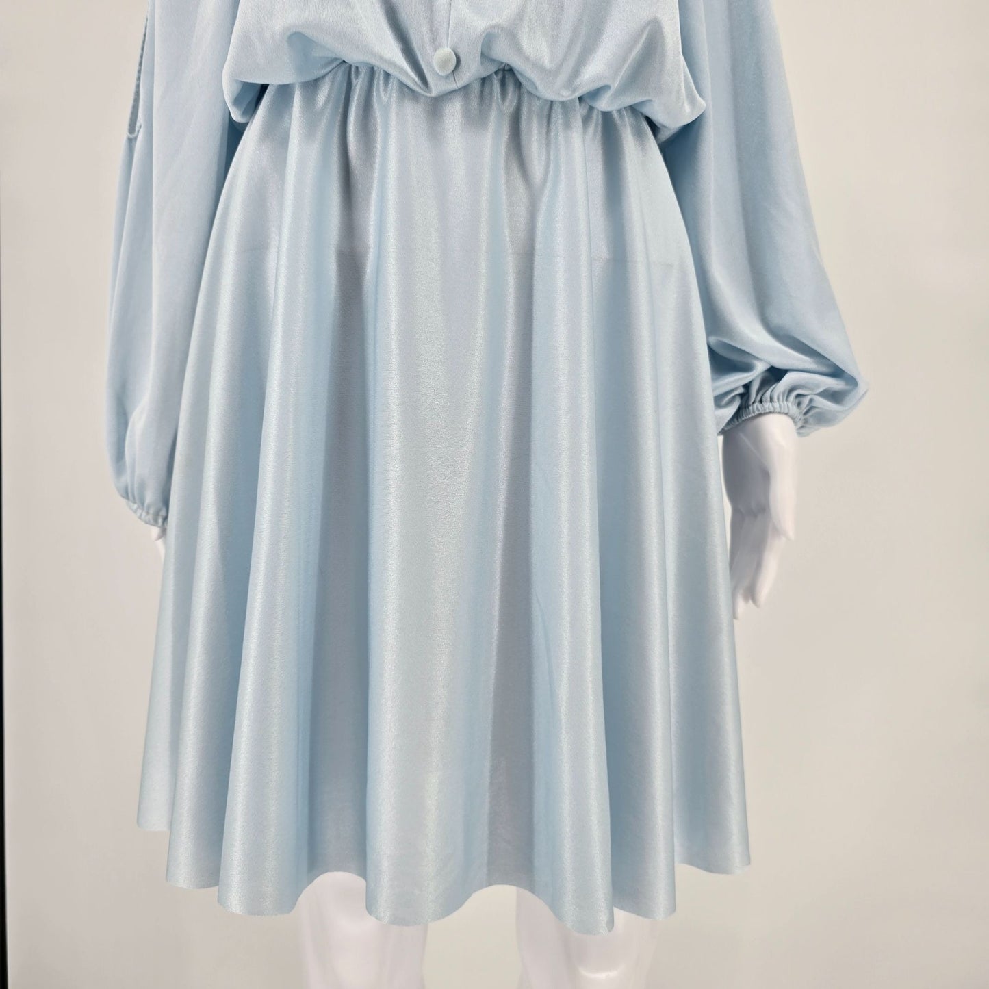 Vintage 1970s Baby Blue Long Sleeve Blouson Disco Party Mini Dress (S/M)