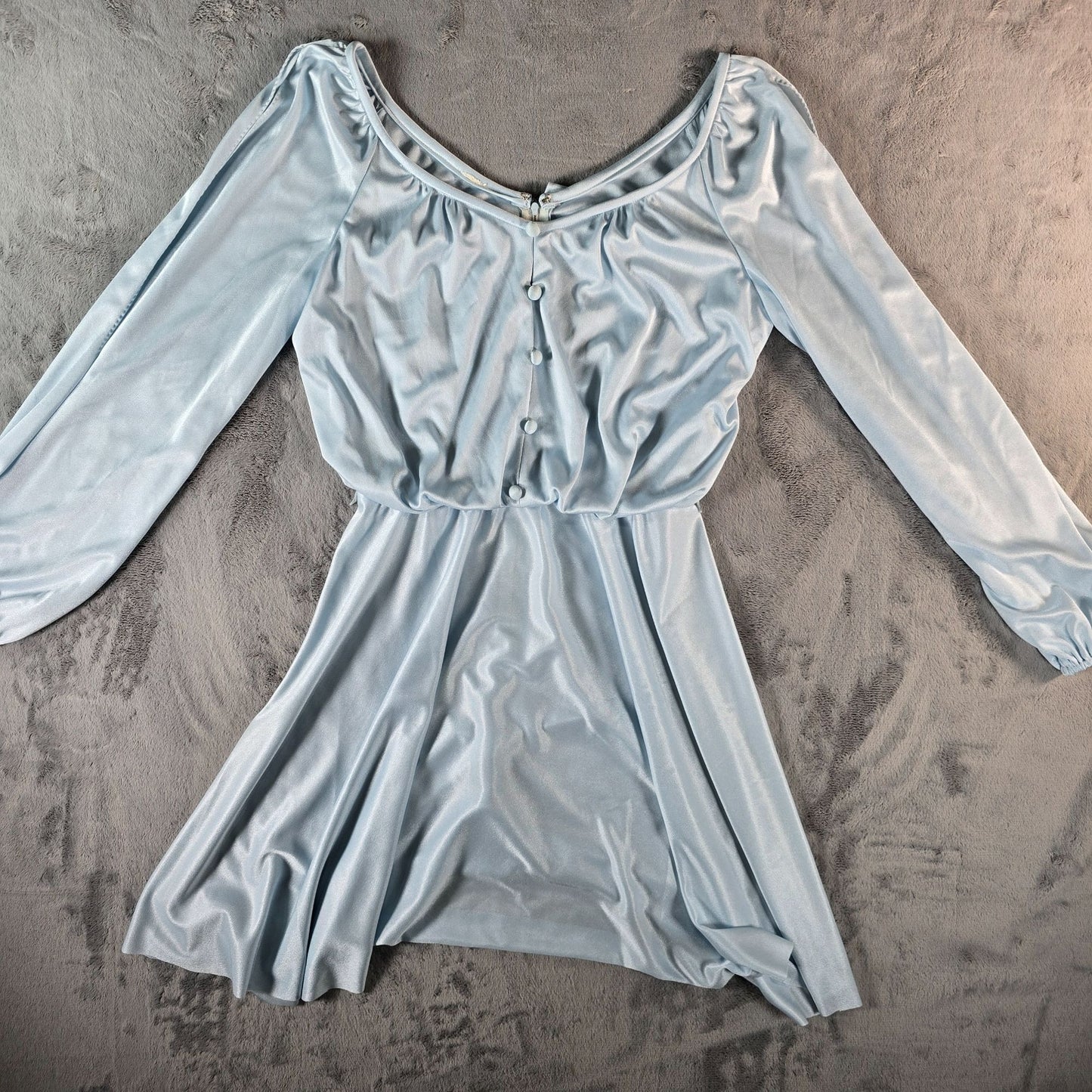 Vintage 1970s Baby Blue Long Sleeve Blouson Disco Party Mini Dress (S/M)