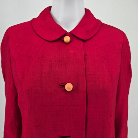 Vintage 1960s Bullock's Wilshire Los Angeles Red Shantung Silk Mod Coat (L)