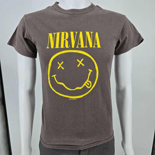 2000s Gildan Heavy Cotton Nirvana Smiley Face Brownish-Gray Band T-Shirt (XS)