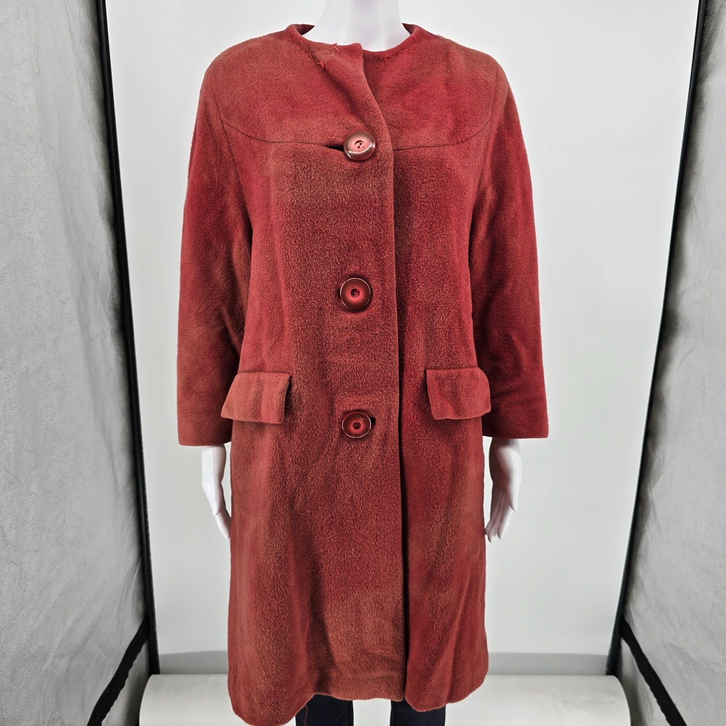 Distressed Vintage 1960s Youthcraft Women's Dyed Red Wool Bouclé Mod Coat (L)
