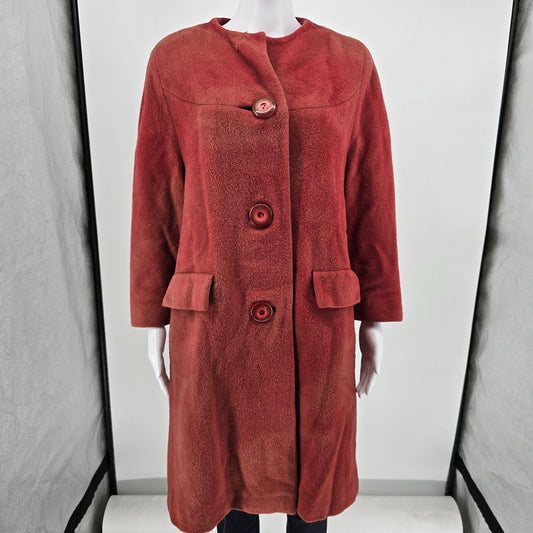 Distressed Vintage 1960s Youthcraft Women's Dyed Red Wool Bouclé Mod Coat (L)