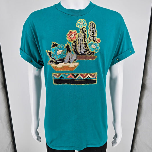 Vintage 1990s Hanes Glitter Cactus Southwestern Graphic Teal T-Shirt (XL)
