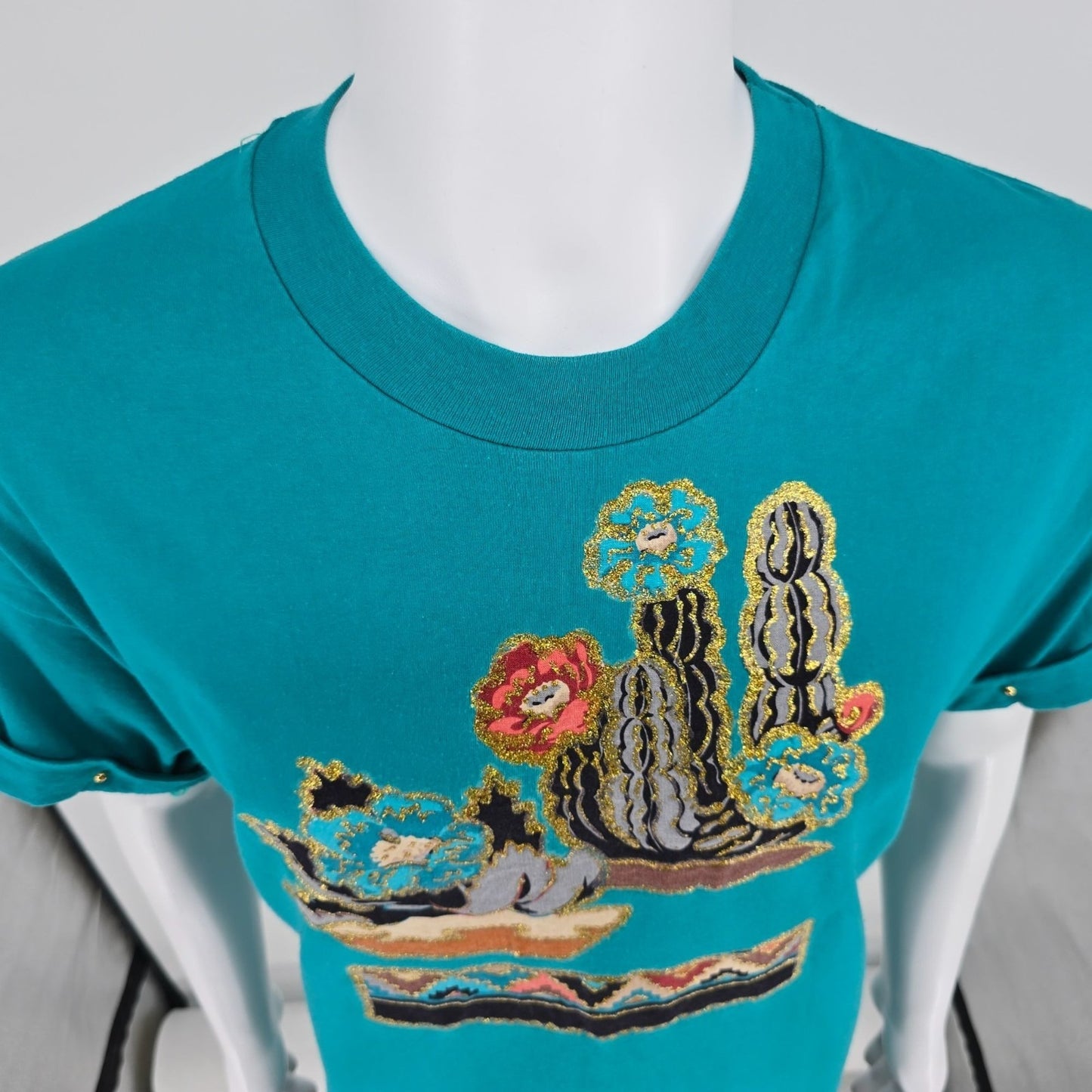 Vintage 1990s Hanes Glitter Cactus Southwestern Graphic Teal T-Shirt (XL)