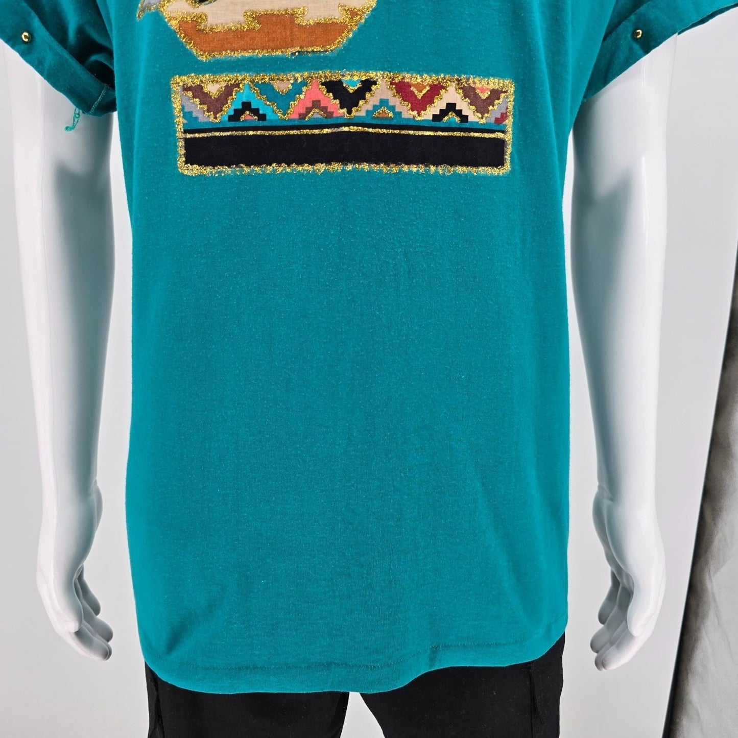 Vintage 1990s Hanes Glitter Cactus Southwestern Graphic Teal T-Shirt (XL)