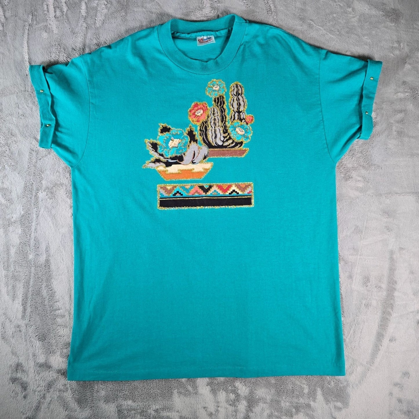 Vintage 1990s Hanes Glitter Cactus Southwestern Graphic Teal T-Shirt (XL)