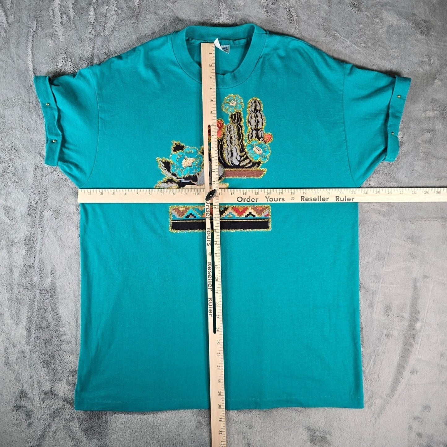 Vintage 1990s Hanes Glitter Cactus Southwestern Graphic Teal T-Shirt (XL)
