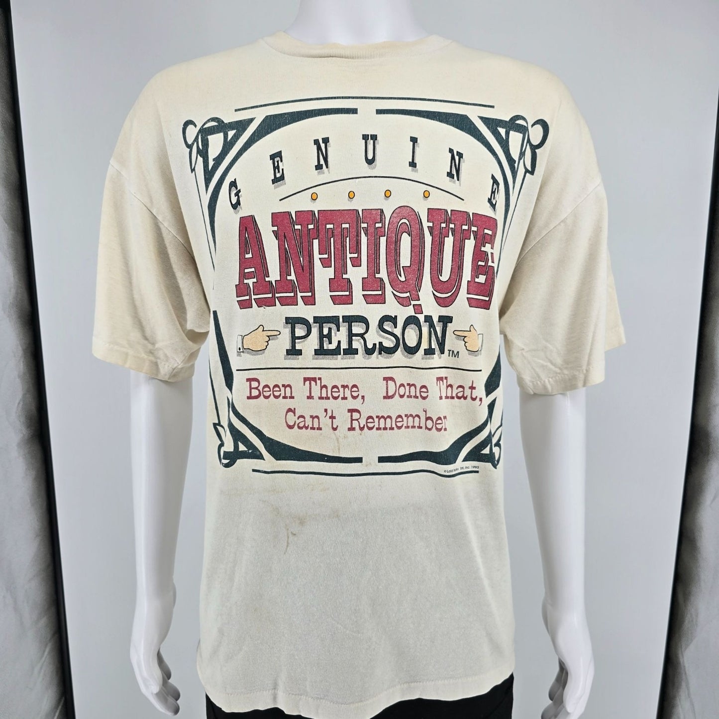 Distressed Vintage 1990s Laid Back "Genuine Antique Person" Graphic T-Shirt (XL)