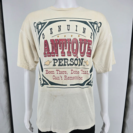 Distressed Vintage 1990s Laid Back "Genuine Antique Person" Graphic T-Shirt (XL)