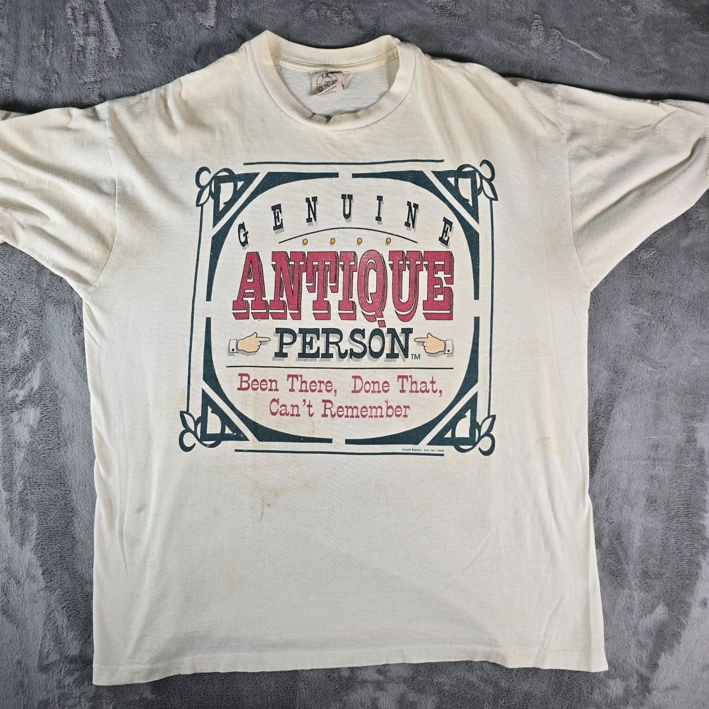 Distressed Vintage 1990s Laid Back "Genuine Antique Person" Graphic T-Shirt (XL)