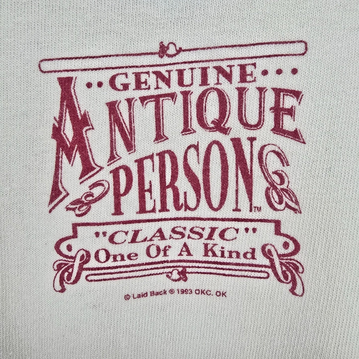Distressed Vintage 1990s Laid Back "Genuine Antique Person" Graphic T-Shirt (XL)