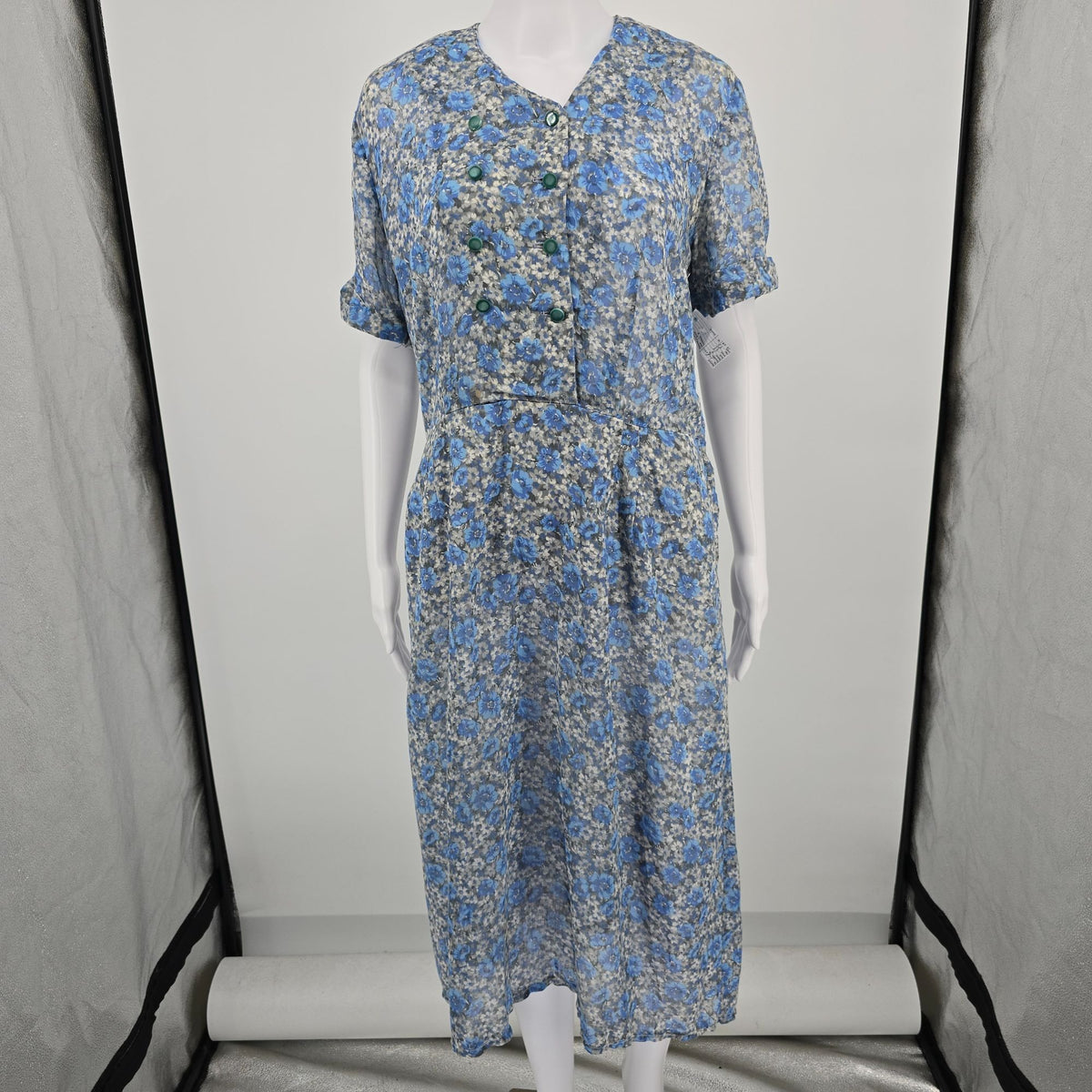 Vintage 1950s Blue/Gray Floral Faux Double-Breasted Semi-Sheer Day Dress (L)