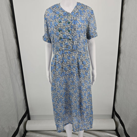 Vintage 1950s Blue/Gray Floral Faux Double-Breasted Semi-Sheer Day Dress (L)