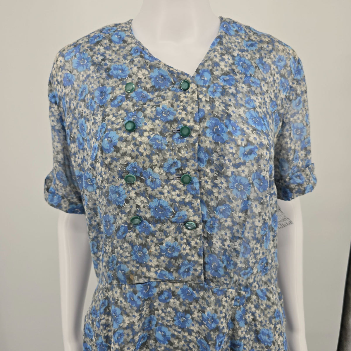 Vintage 1950s Blue/Gray Floral Faux Double-Breasted Semi-Sheer Day Dress (L)
