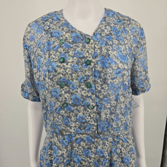 Vintage 1950s Blue/Gray Floral Faux Double-Breasted Semi-Sheer Day Dress (L)
