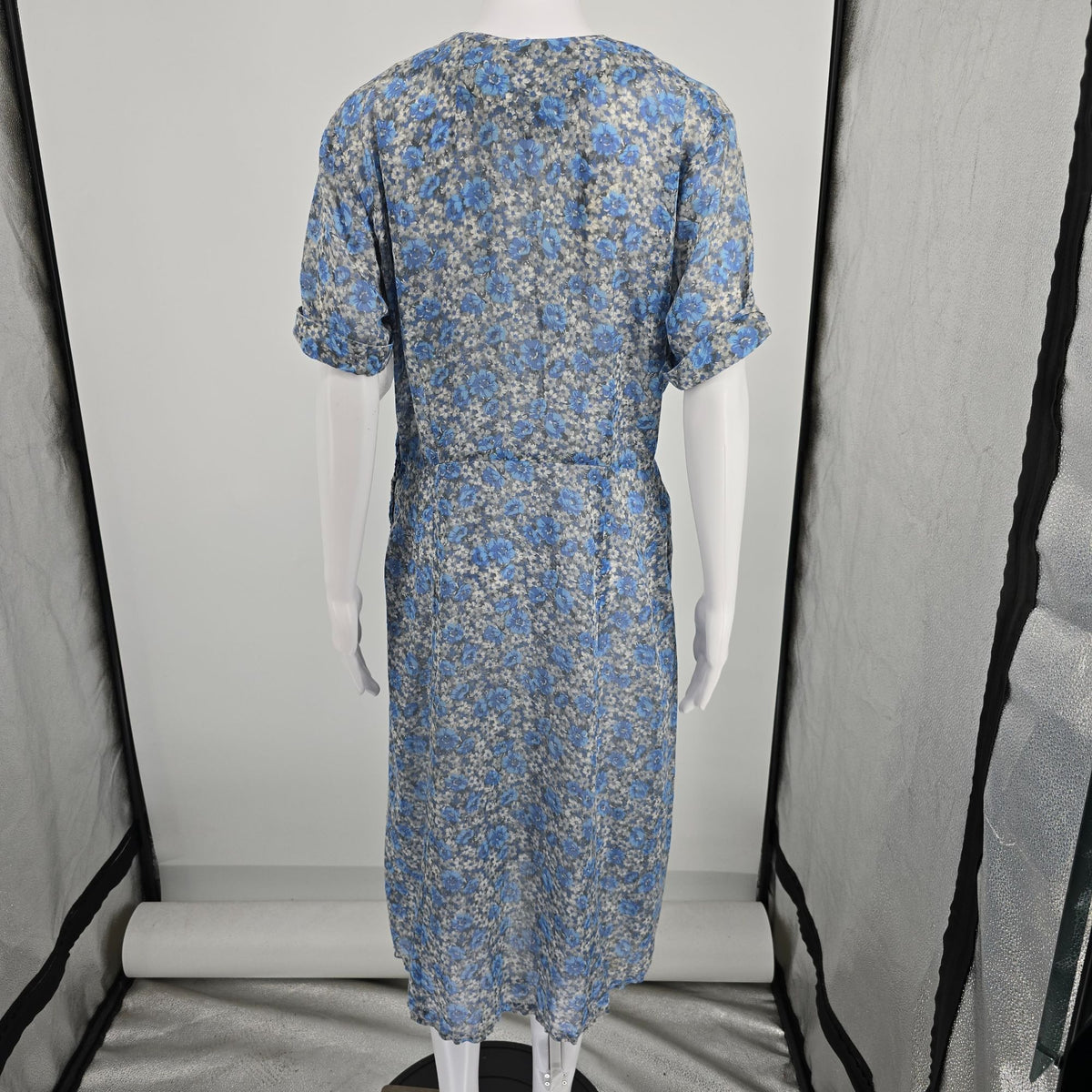 Vintage 1950s Blue/Gray Floral Faux Double-Breasted Semi-Sheer Day Dress (L)