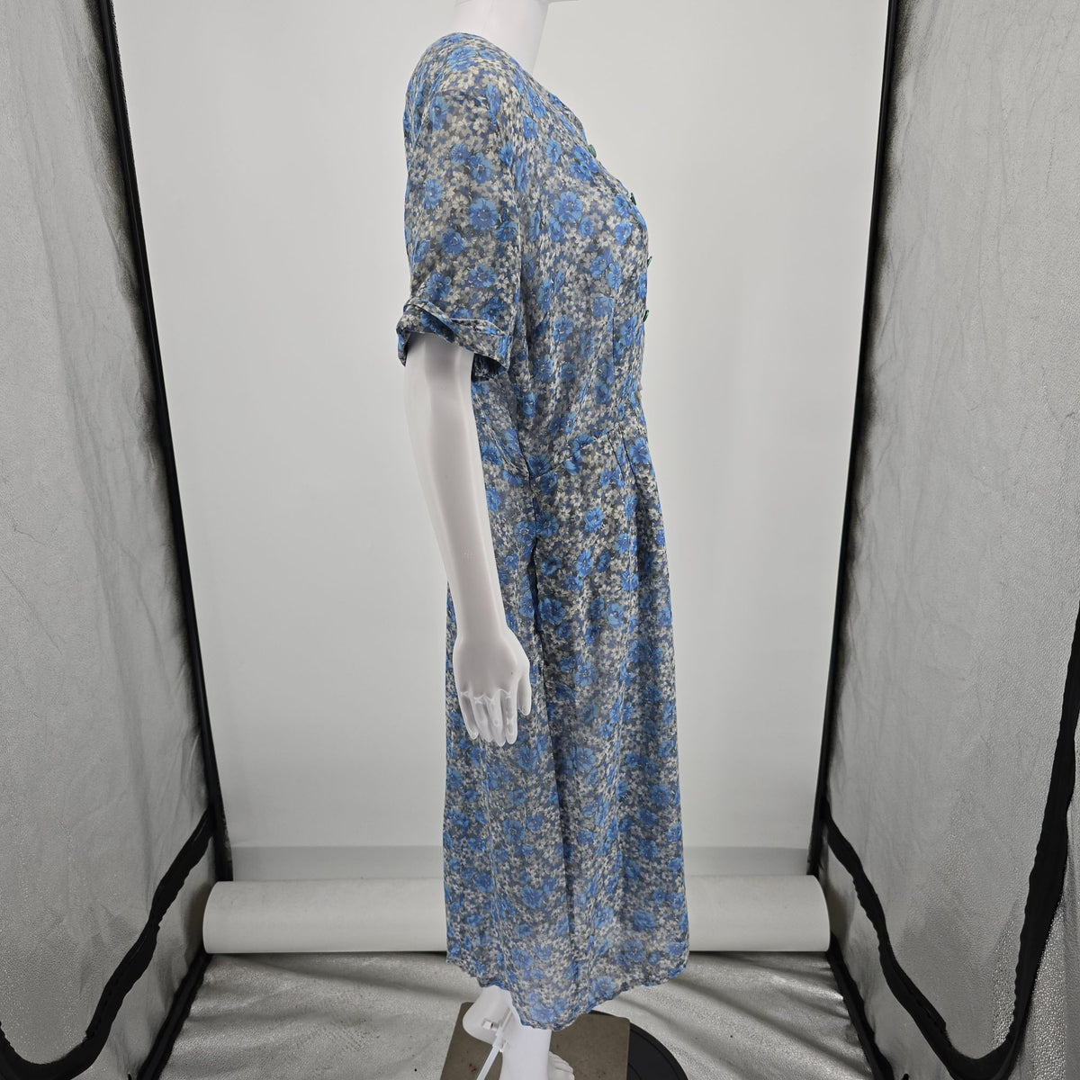 Vintage 1950s Blue/Gray Floral Faux Double-Breasted Semi-Sheer Day Dress (L)
