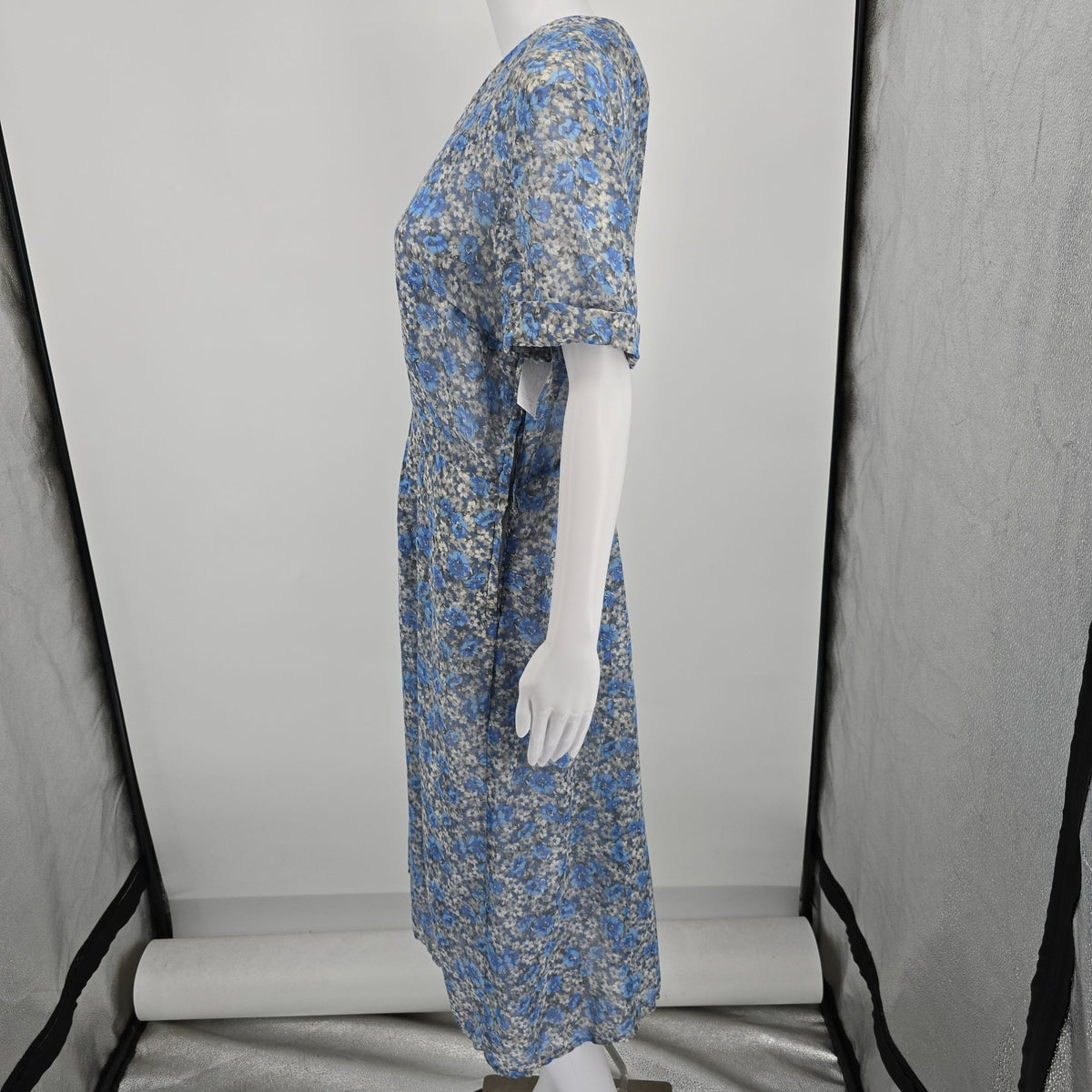 Vintage 1950s Blue/Gray Floral Faux Double-Breasted Semi-Sheer Day Dress (L)