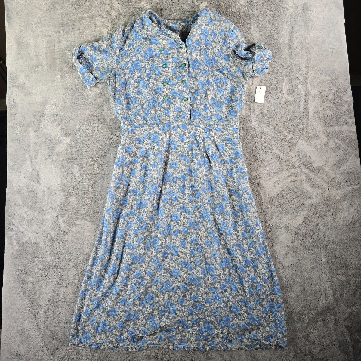 Vintage 1950s Blue/Gray Floral Faux Double-Breasted Semi-Sheer Day Dress (L)