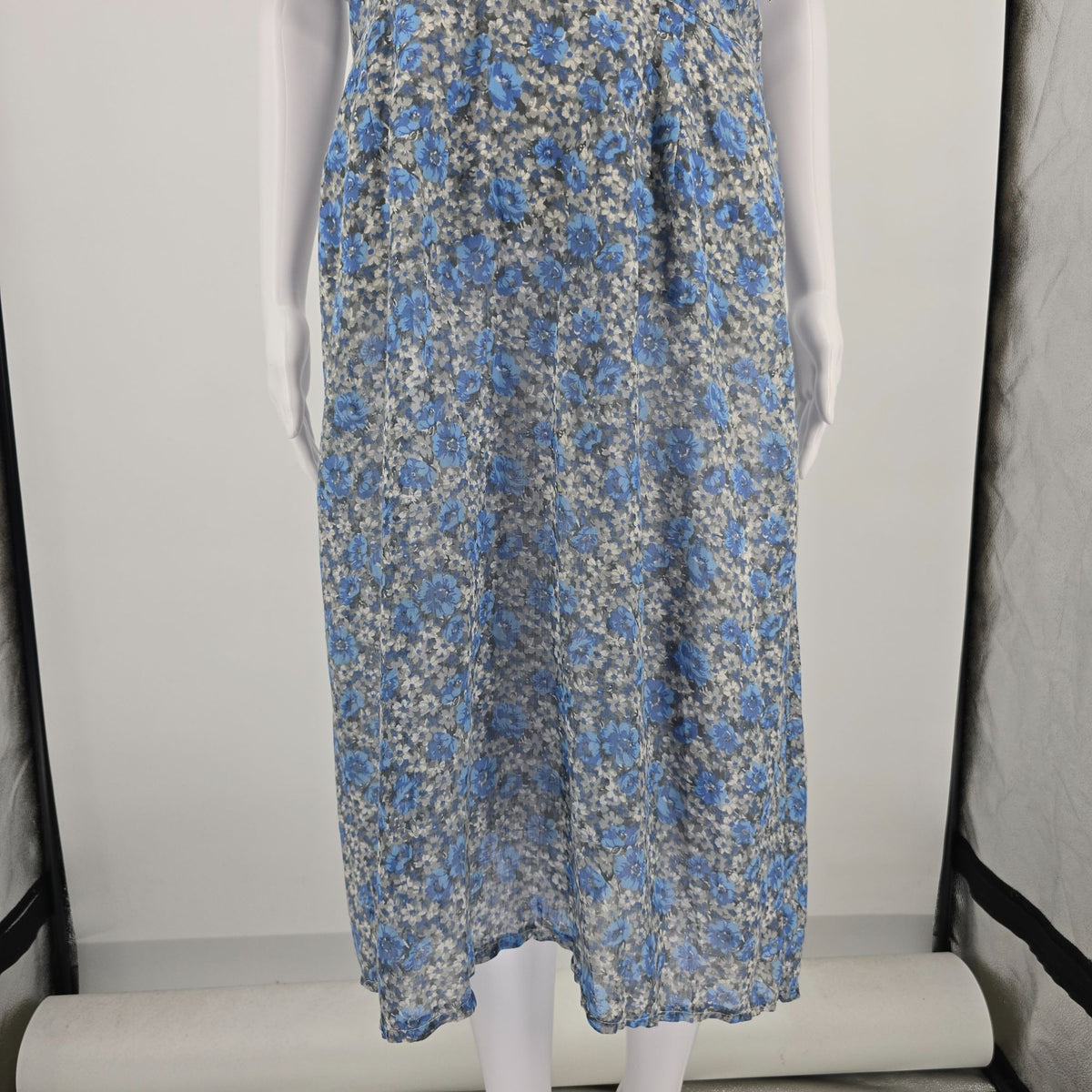 Vintage 1950s Blue/Gray Floral Faux Double-Breasted Semi-Sheer Day Dress (L)