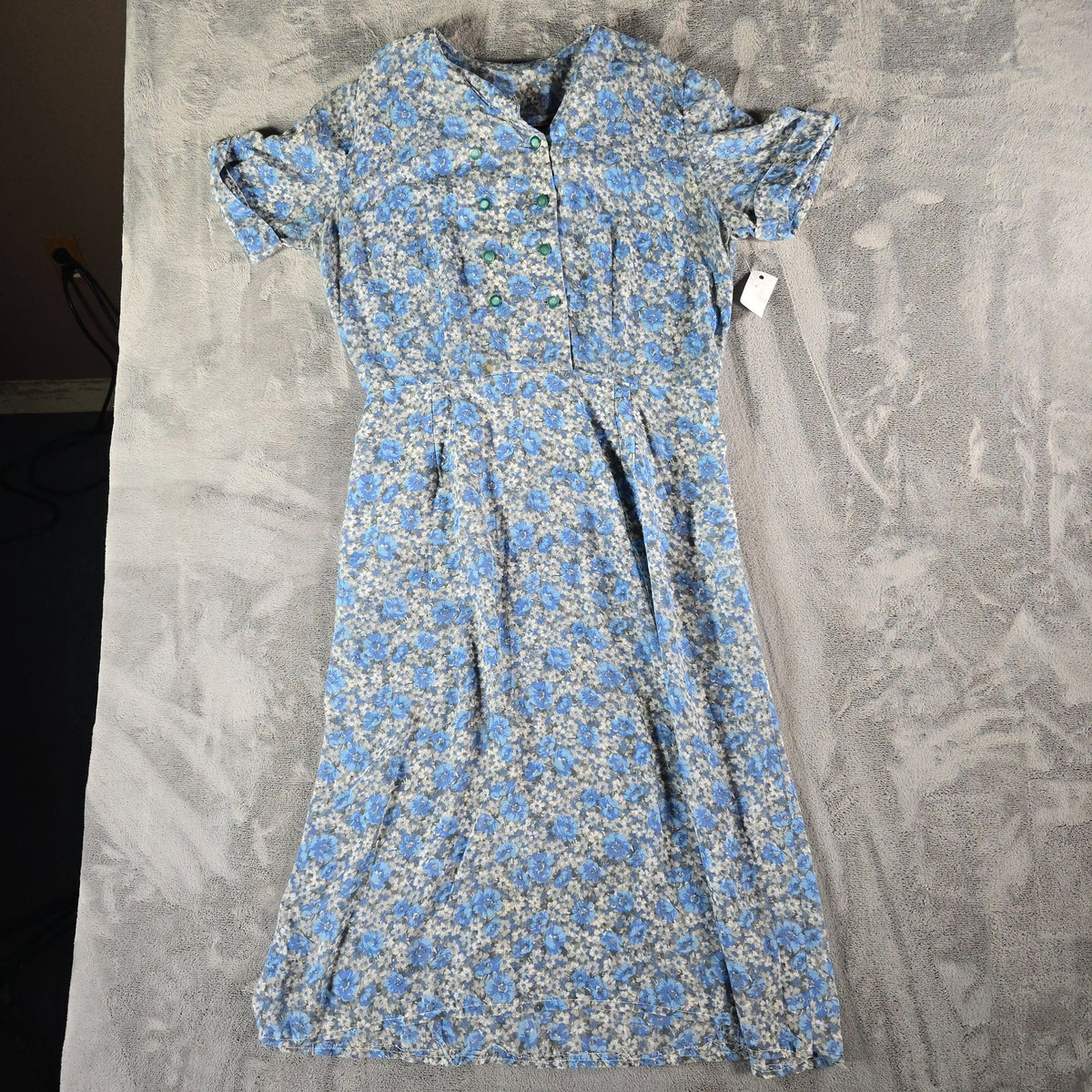 Vintage 1950s Blue/Gray Floral Faux Double-Breasted Semi-Sheer Day Dress (L)
